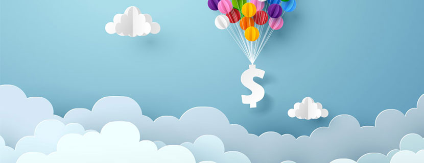 Dollar sign floating in clouds with balloons.