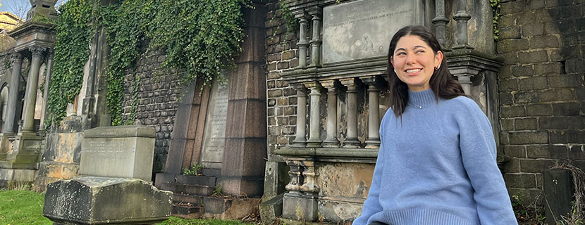 Maya Khemlin in front of ruins.