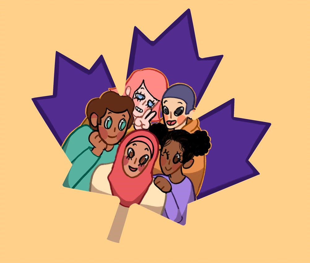 cartoon picture of group in front of laurier purple leaf