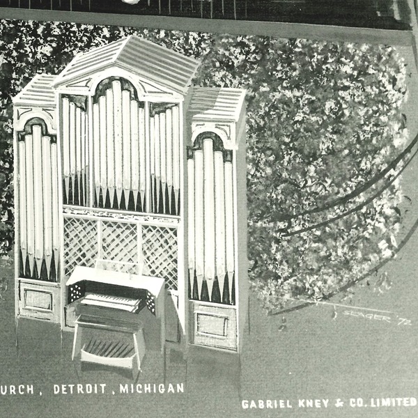 Drawing of a pipe organ in a church, by Gabriel Kney and Company limited