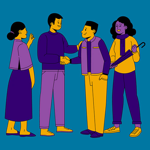 Four students shaking hands