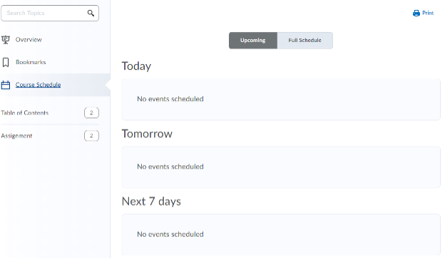 course schedule menu