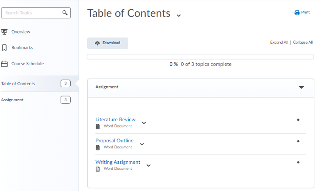 Table of contents window