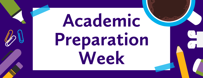 Banner that says academic preparation week with scattered cartoon school items.
