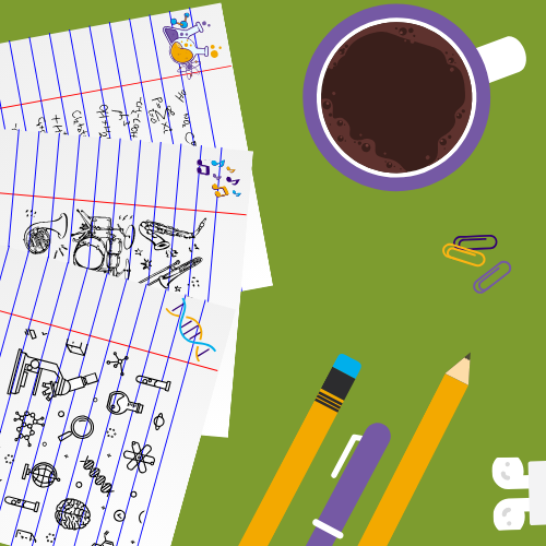 3 sheets of paper with chemistry, biology, and music notation. To right, coffee cup and assorted stationary supplies that are cartoon on a bright green background.