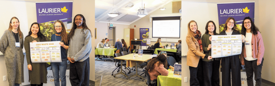 Three images placed together as a collage - first picture: team holding their post, center photo: participants talking at their tables, third photo: another team holding their photo