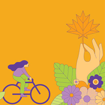 woman on bike and hand holding leaf graphic