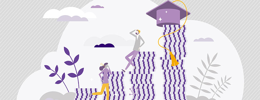 two students sitting on a stack of coins with graduation cap placed on one of the stacks