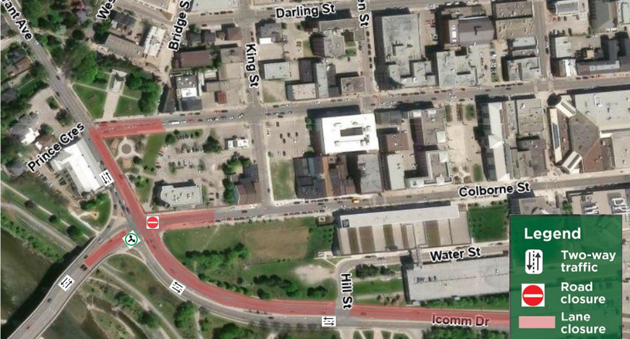 Aerial map of downtown Brantford showing roads affected by construction