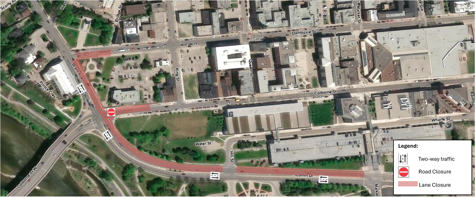 Aerial map of downtown Brantford showing roads affected by construction