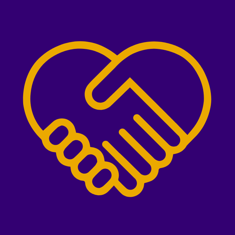 Illustration depicting a handshake and a heart on a purple backdrop