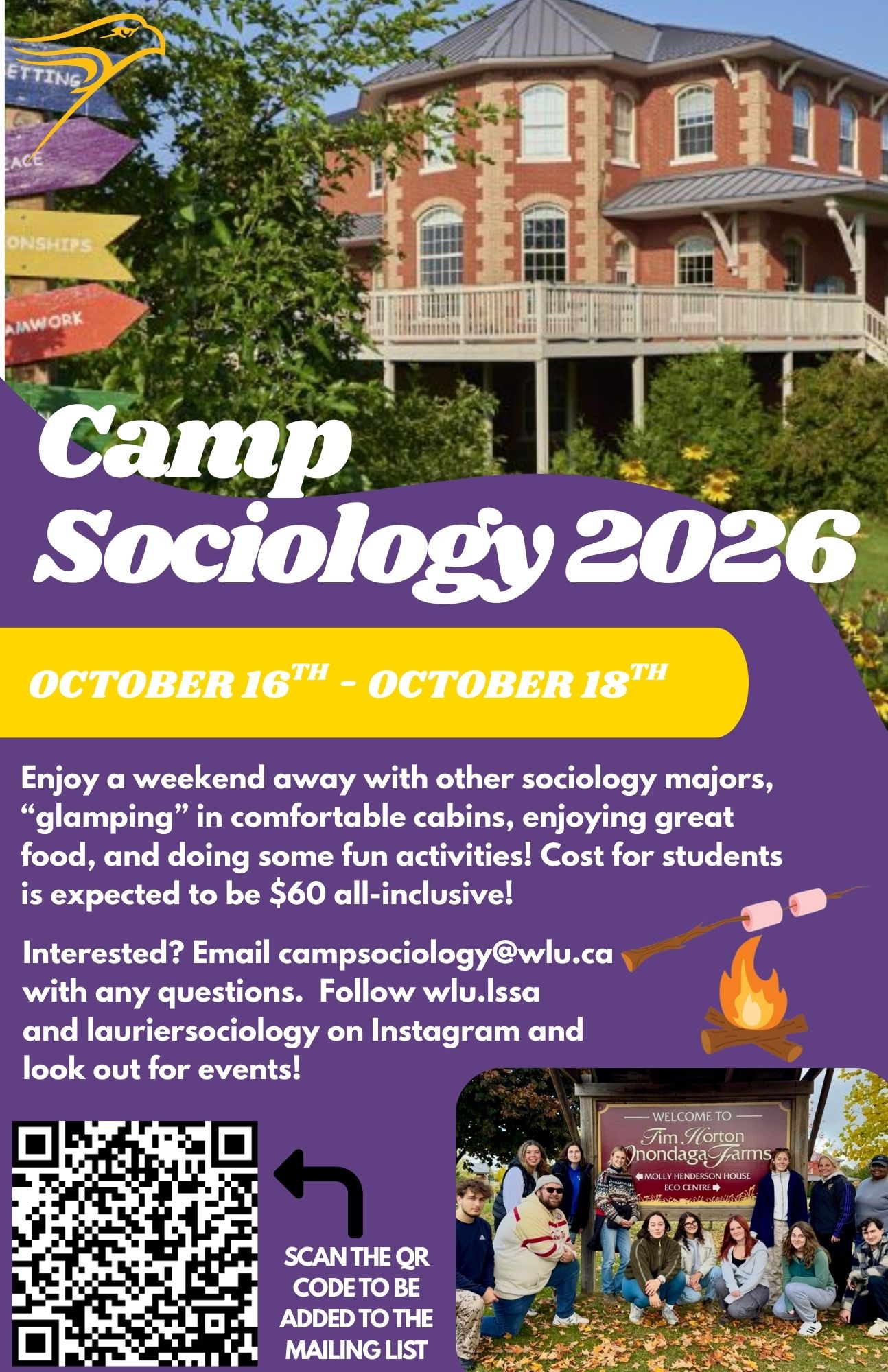 2026 camp information with QR code and group photo