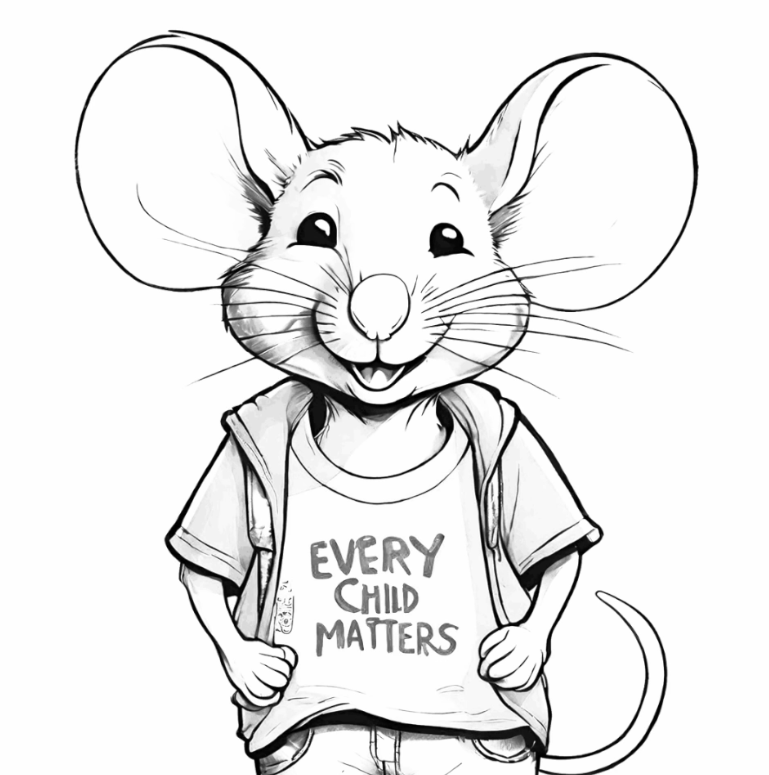 A black and white drawing of a mouse wearing a shirt that says "Every Child Matters"