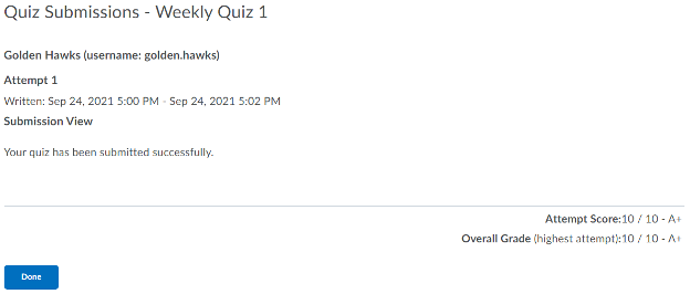 confirmation that quiz is submitted