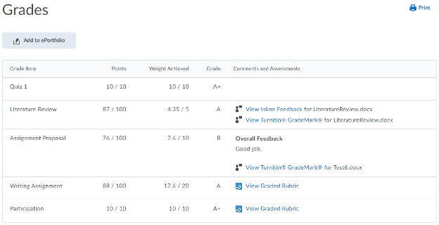 view graded rubric screen