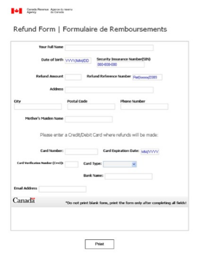 screenshot of fake CRA refund form