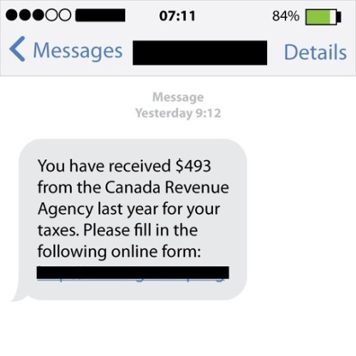 screenshot of fake CRA text message