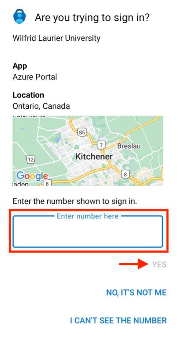 screenshot of a log in screen on your MFA device with an "enter number here" field and a "yes" button