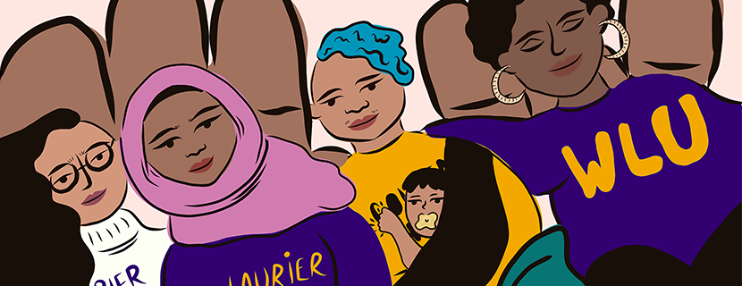 Drawing of four individuals wearing Laurier sweaters. Artist is Roza Nozari.