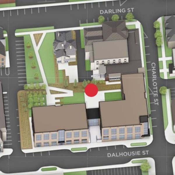 Map showing a red dot on the Brantford campus