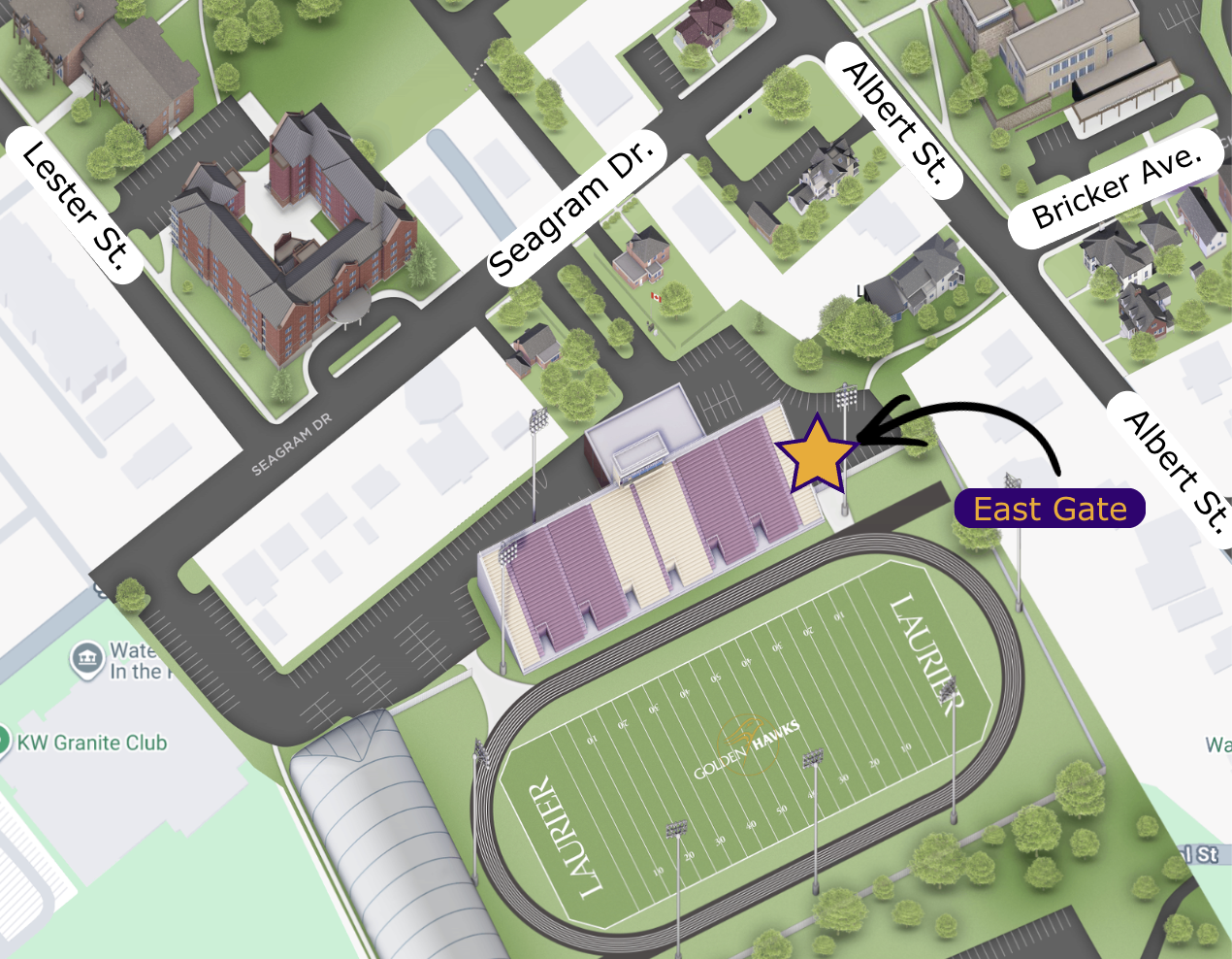 Map that shows the location of the East Gate at University Stadium