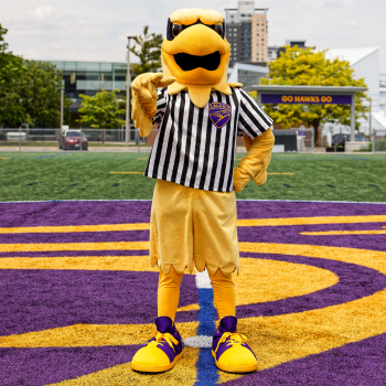 Golden Hawk mascot with two students wearing rugby shirts.