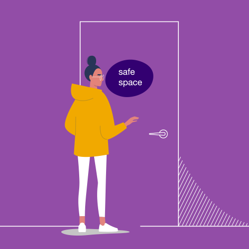 Female opening door with a safe space sign on it.