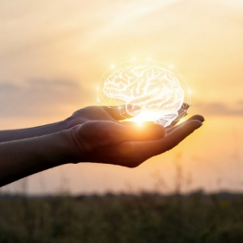 hand holding glowing brain