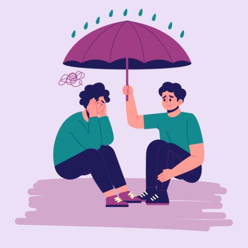 Person holding an umbrella for a person that is upset